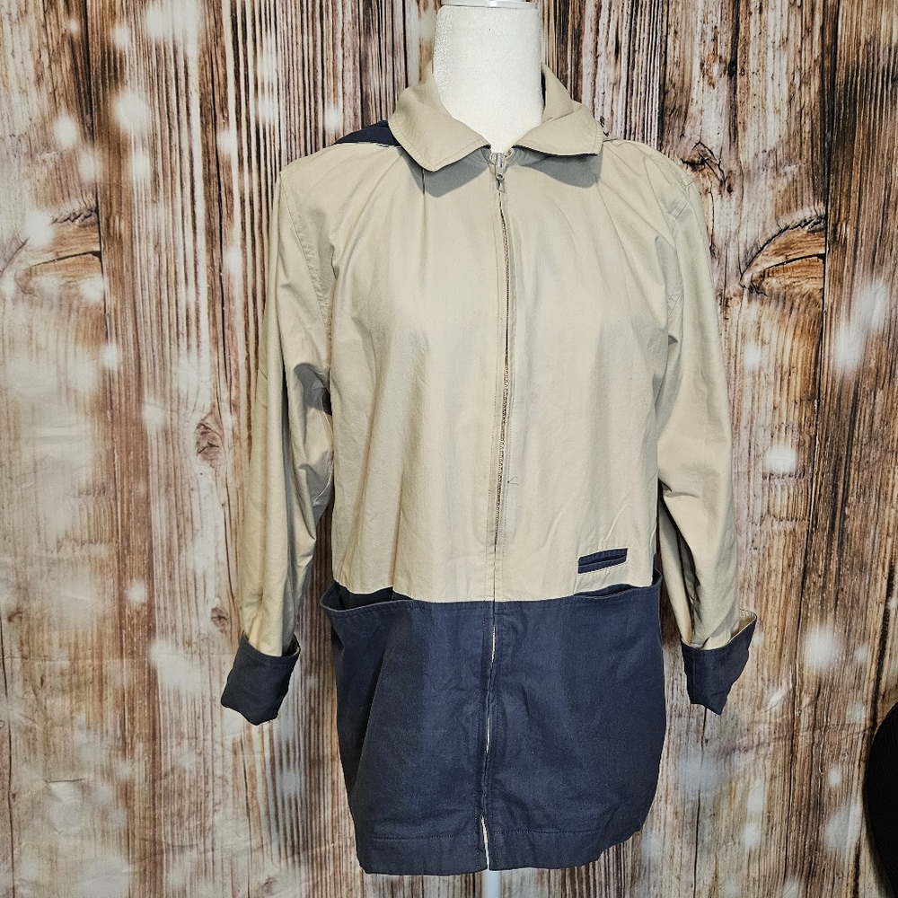 London fog womens beige and blue full Zip hooded weather proof jacket petite S